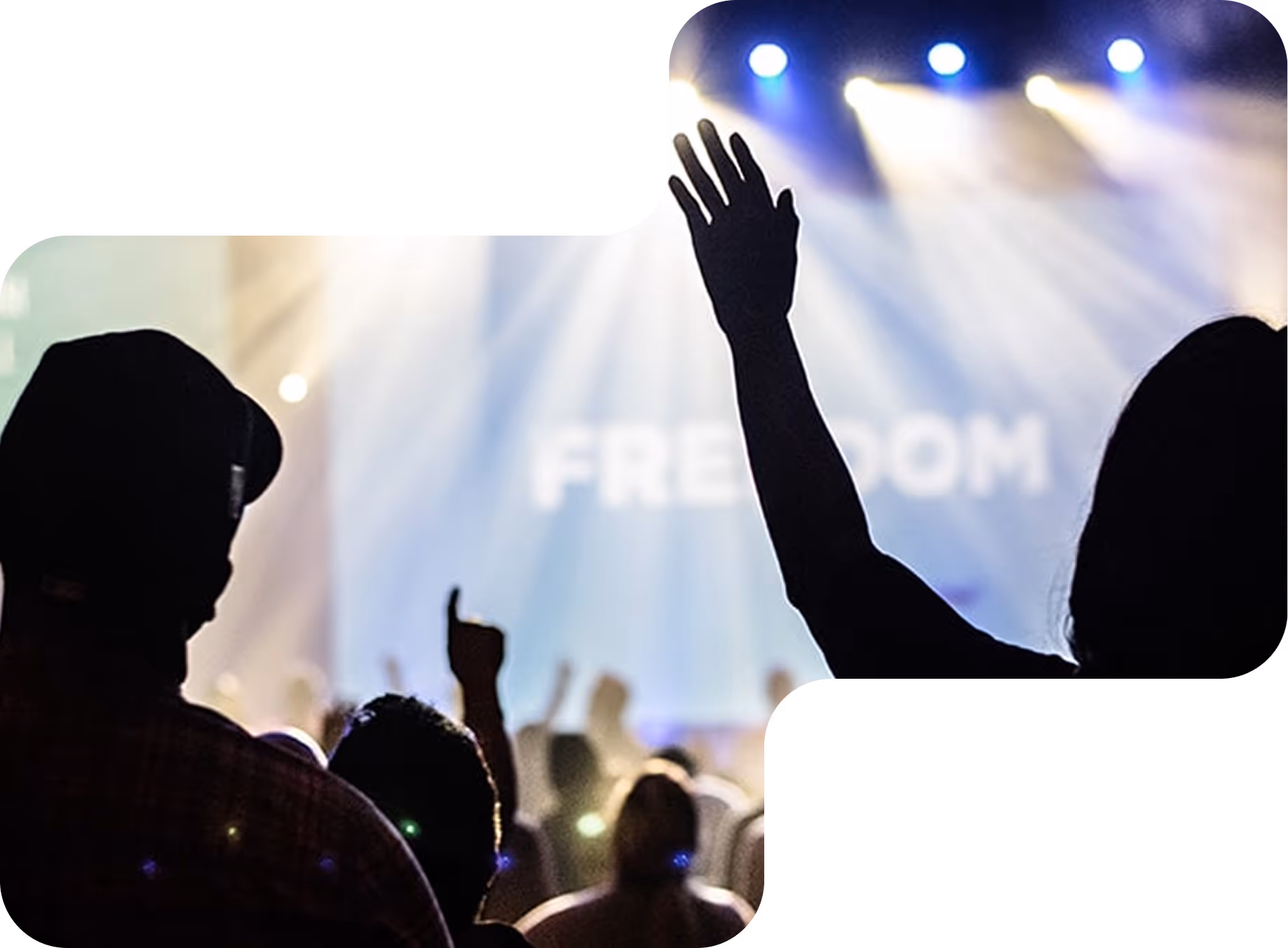 Silhouettes of raised hands in a crowd under bright stage lights with the word 'FREEDOM' visible in the background.