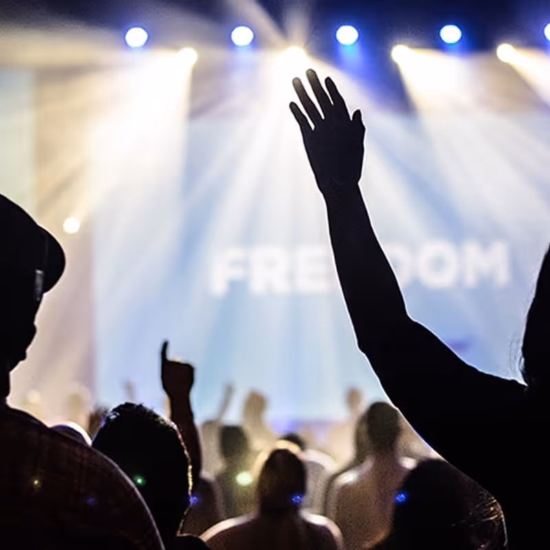 Silhouetted crowd with raised hands in front of a stage with bright lights and the word 'FREEDOM' displayed in the background.