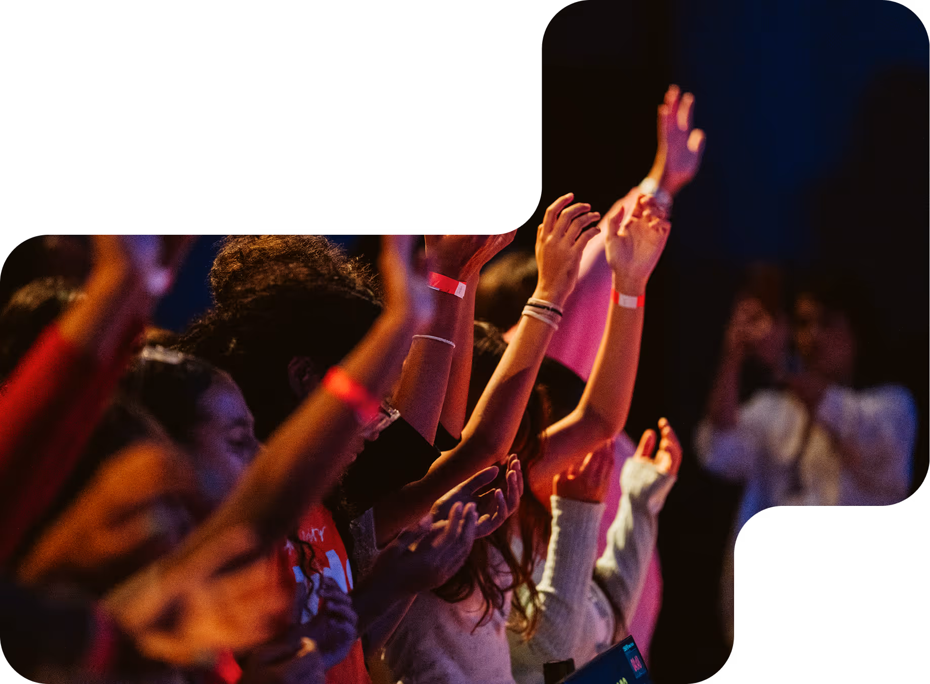 Group of people with raised hands engaged in worship or a concert under colorful lighting.