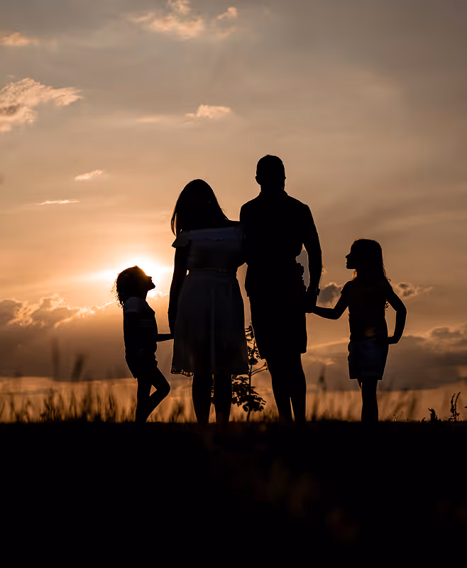 Silhouette of a family of four holding hands outdoors at sunset with a cloudy sky.
