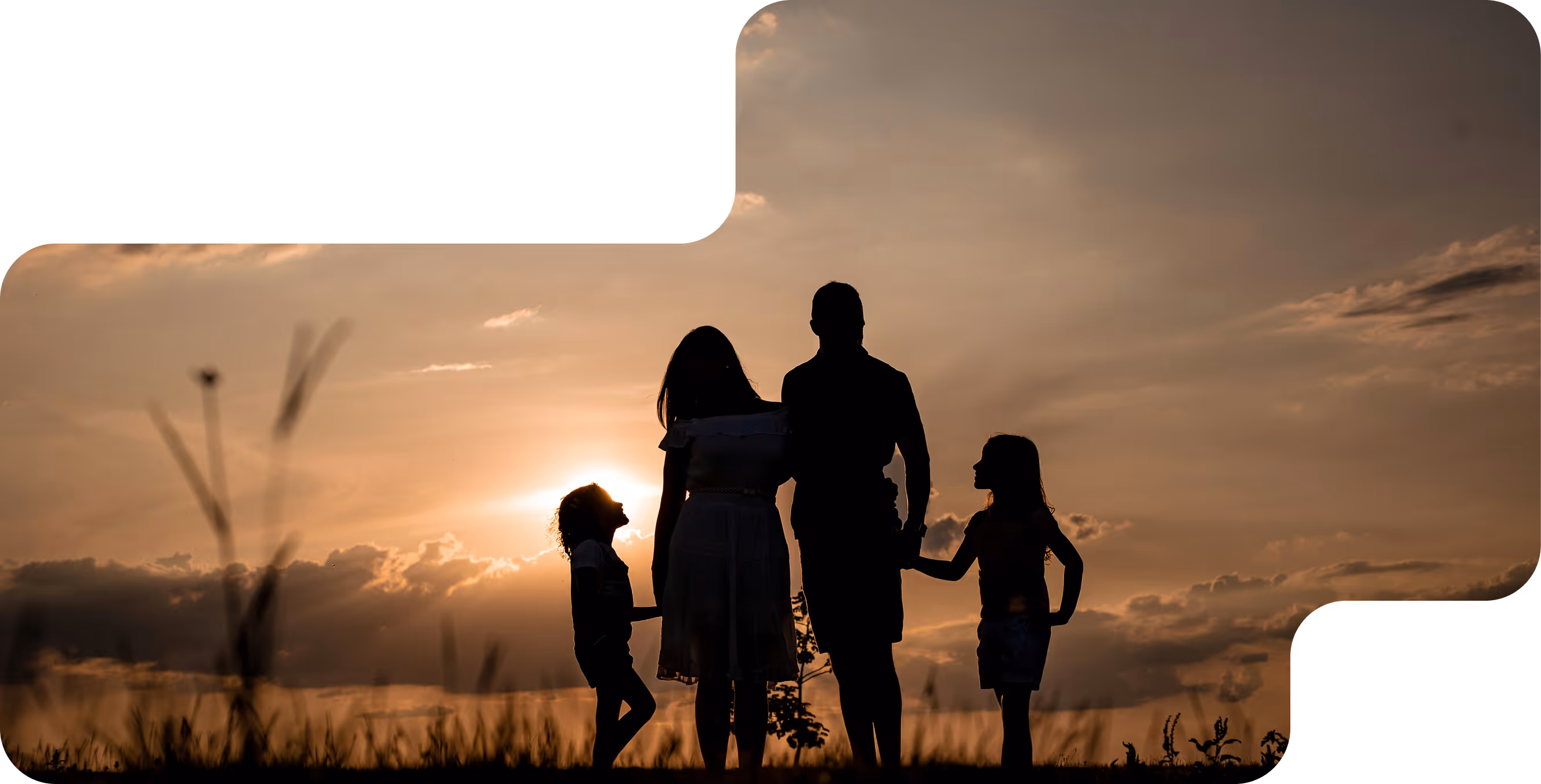 Silhouette of a family of four holding hands outdoors at sunset with a cloudy sky.