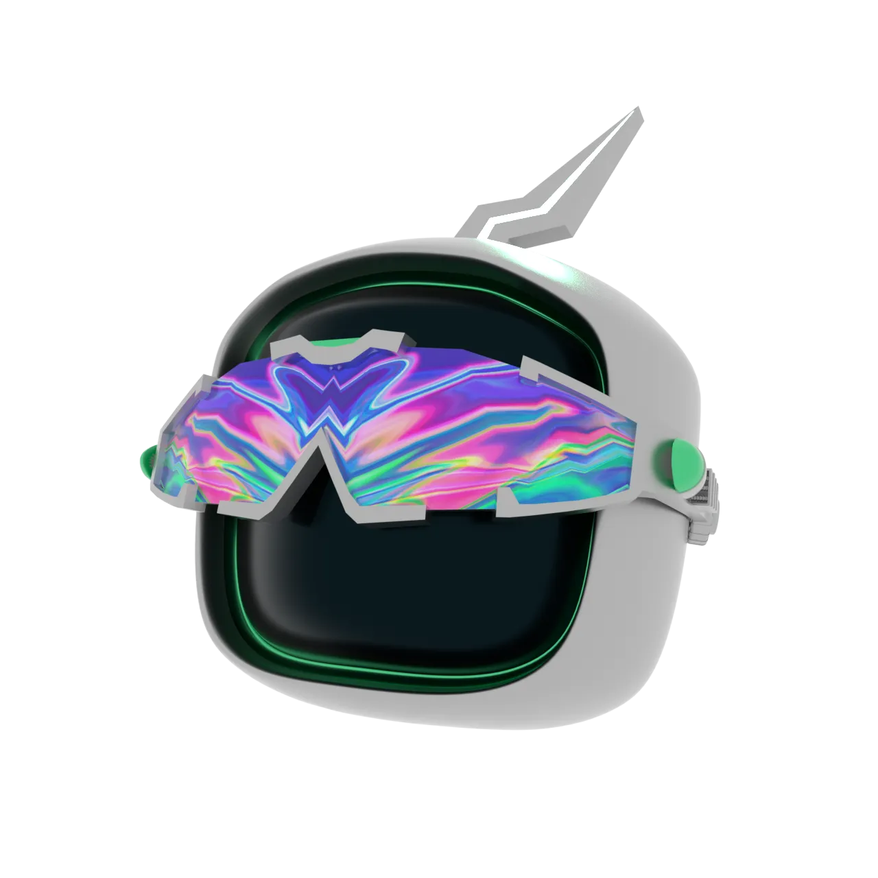 Futuristic white helmet with neon outline and reflective multicolored visor on a neutral background.