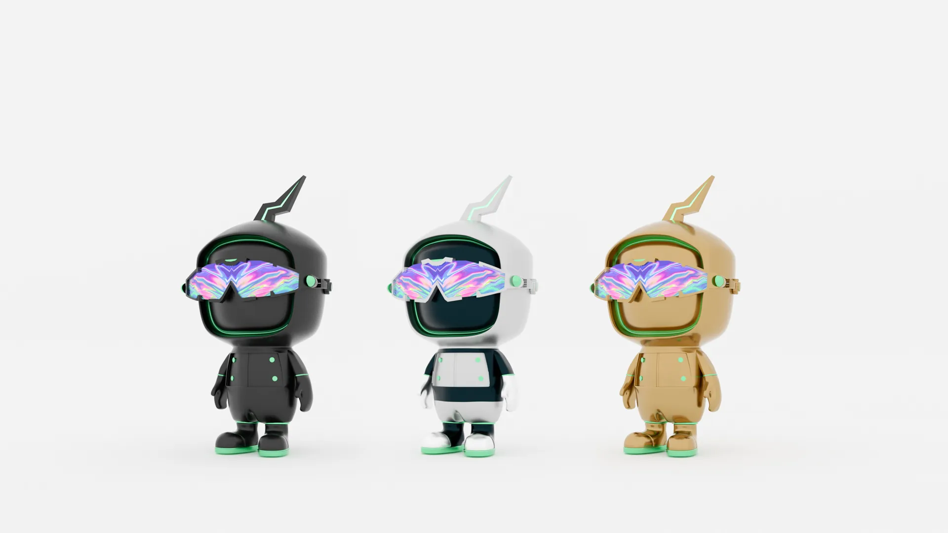 Three stylized astronaut figures in black, white, and gold suits with colorful reflective visors and a lightning bolt antenna on their helmets.