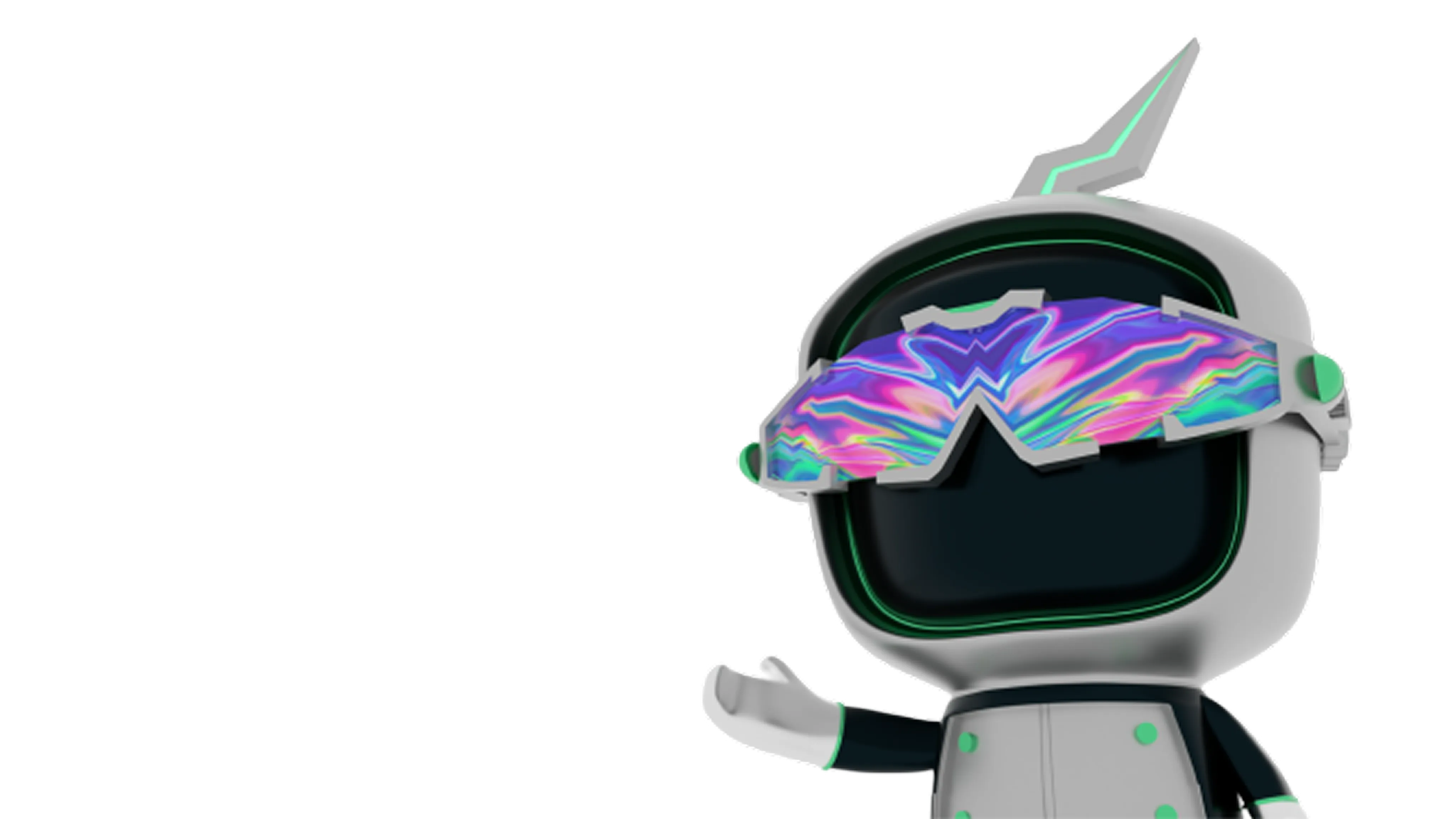 Stylized white and black robot character wearing vibrant multicolored futuristic visor and extending one hand forward.