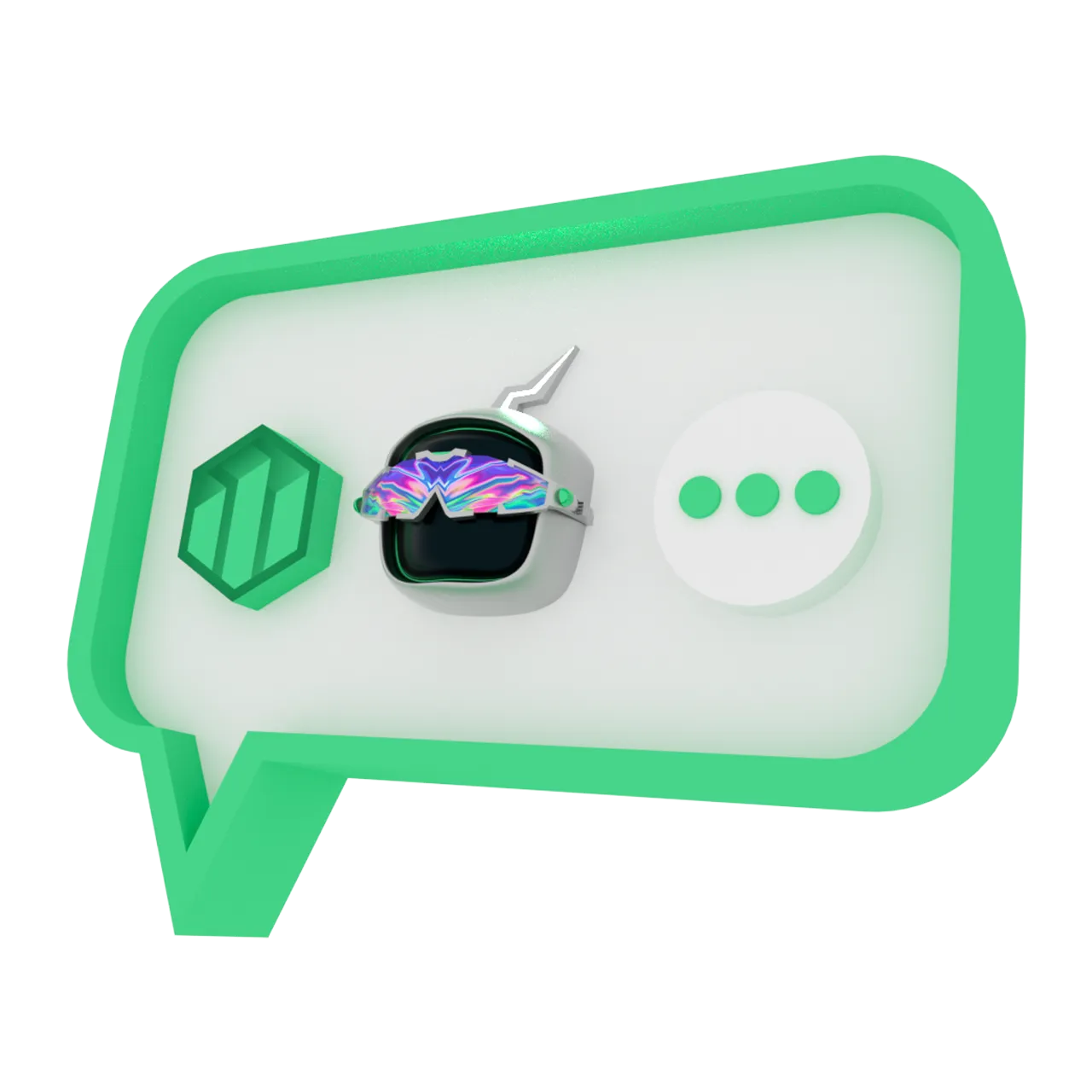 Green chat bubble containing a hexagonal logo, a robot head with colorful glasses, and a circle with three green dots.