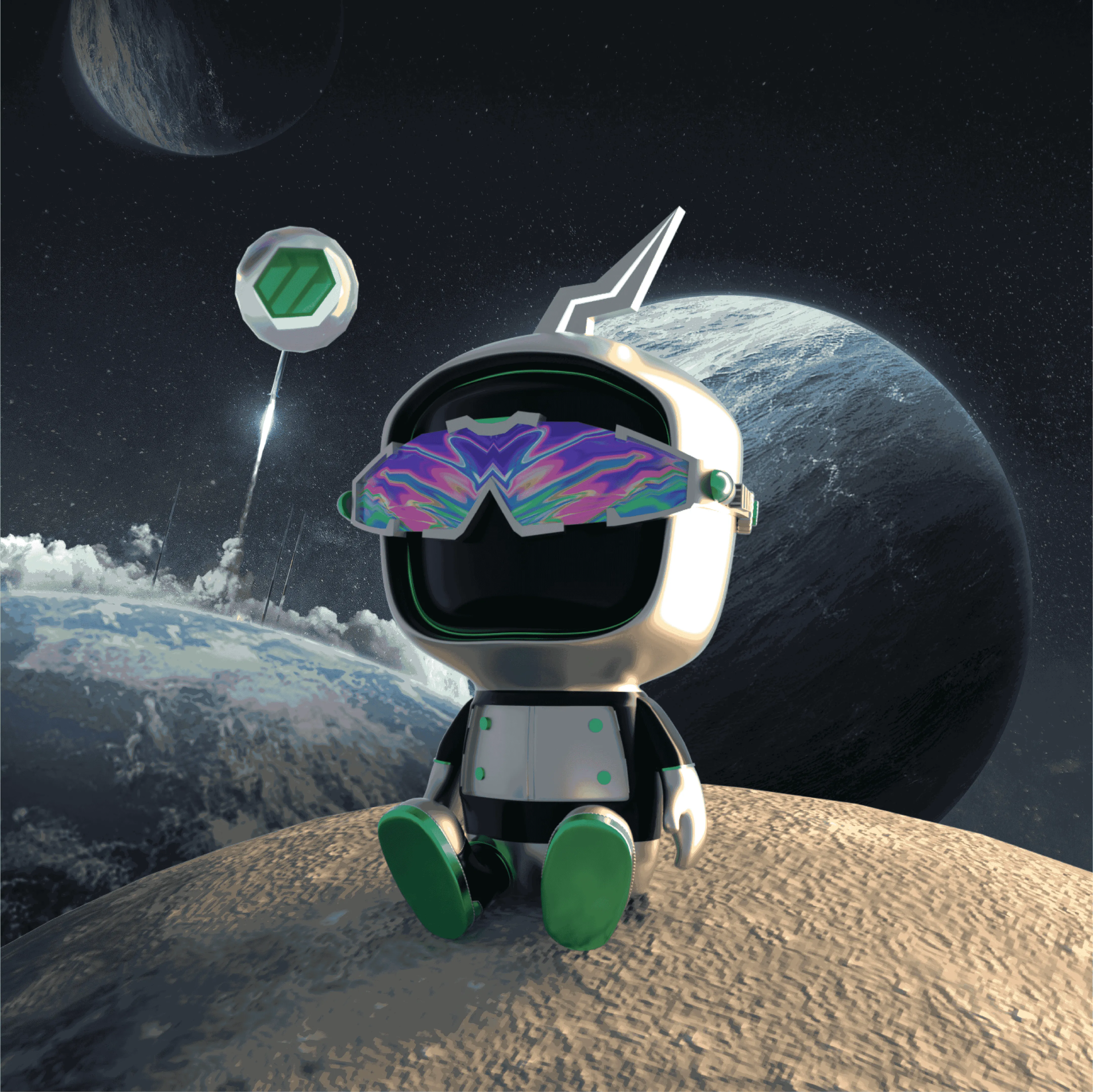 A small cartoon astronaut wearing vibrant retro sunglasses sitting on a moon-like surface with planets and a rocket launch in the starry background.