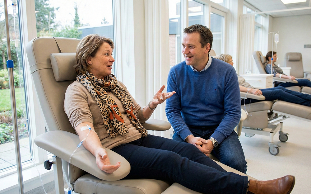 Group of people sitting in modern lounge chairs having a meeting.