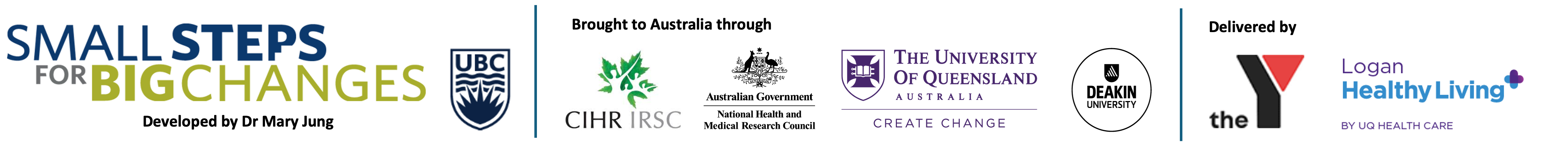 Small Steps for Big Changes logo with UBC, Australian health research logos, and delivery by The Y and Logan Healthy Living.