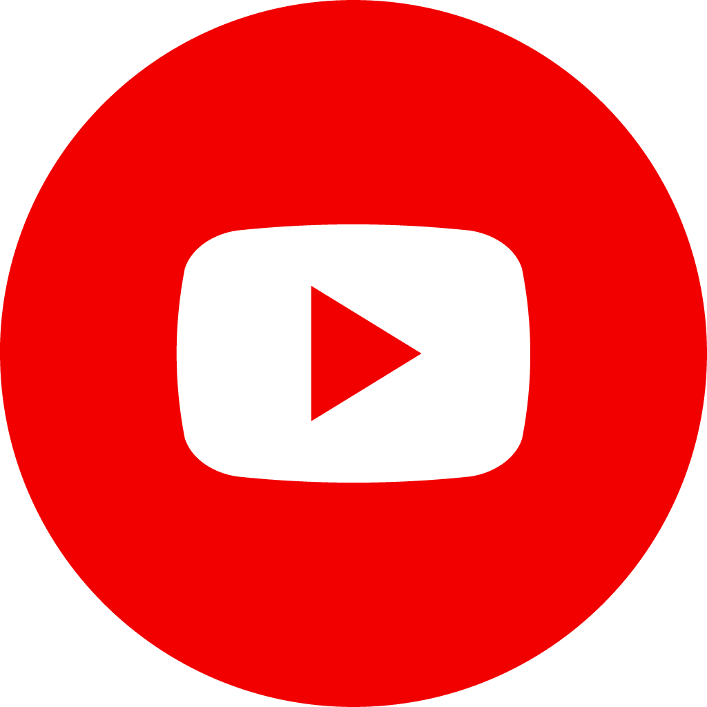 YouTube logo with a white play button inside a rounded rectangle on a red circular background.