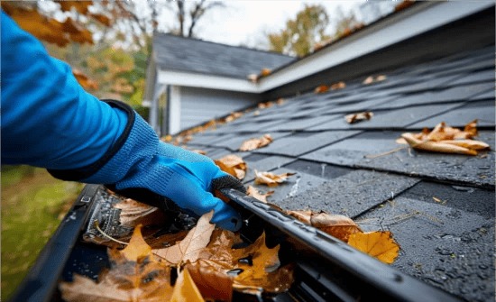 Person wearing blue gloves cleaning wet autumn leaves from a black roof gutter.