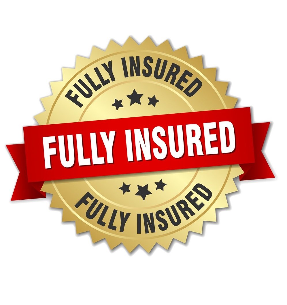 Gold seal with a red ribbon stating fully insured in bold white and black text.