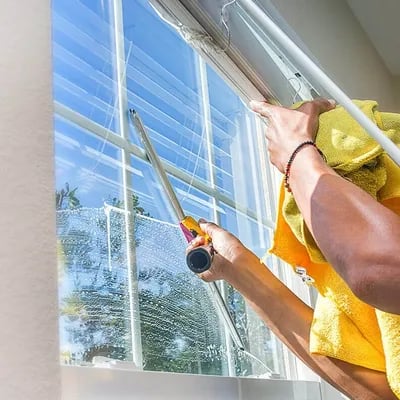 Person cleaning a window with a squeegee and a yellow cloth, with a clear view of the blue sky and trees outside.