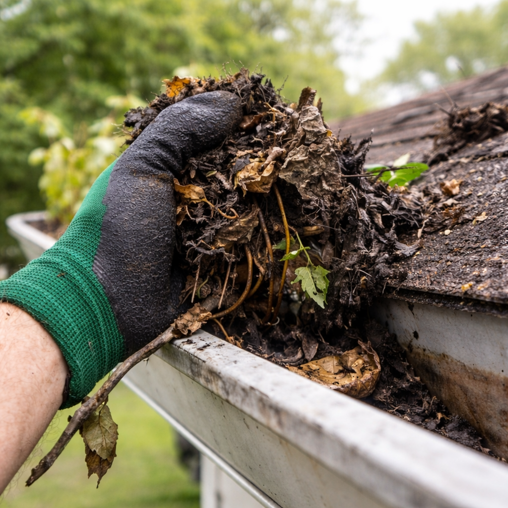 Hand wearing green and black gardening glove cleaning wet leaves and debris from a house gutter.