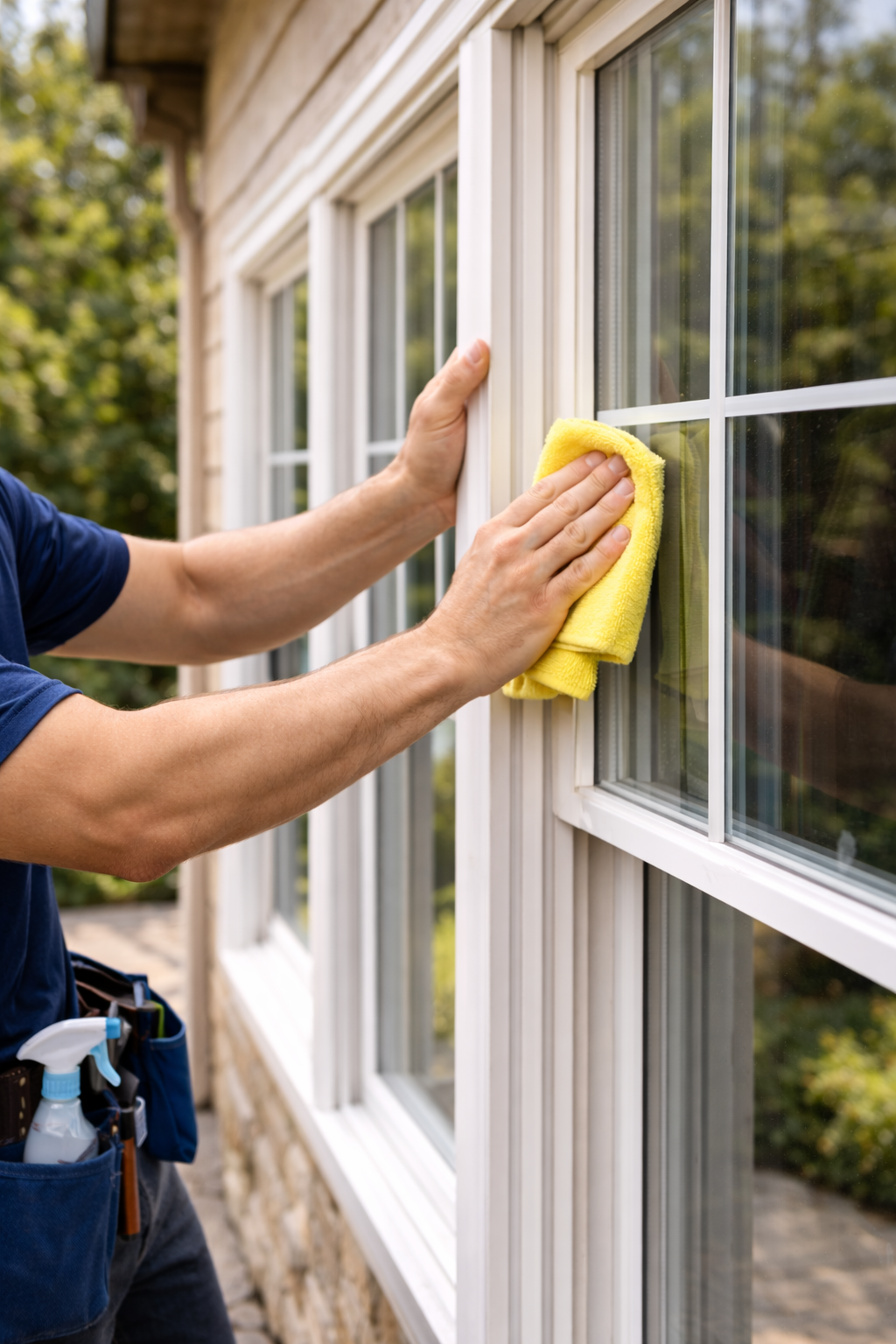 Person cleaning a house window with a yellow cloth and holding the window frame, with cleaning supplies in a tool belt.