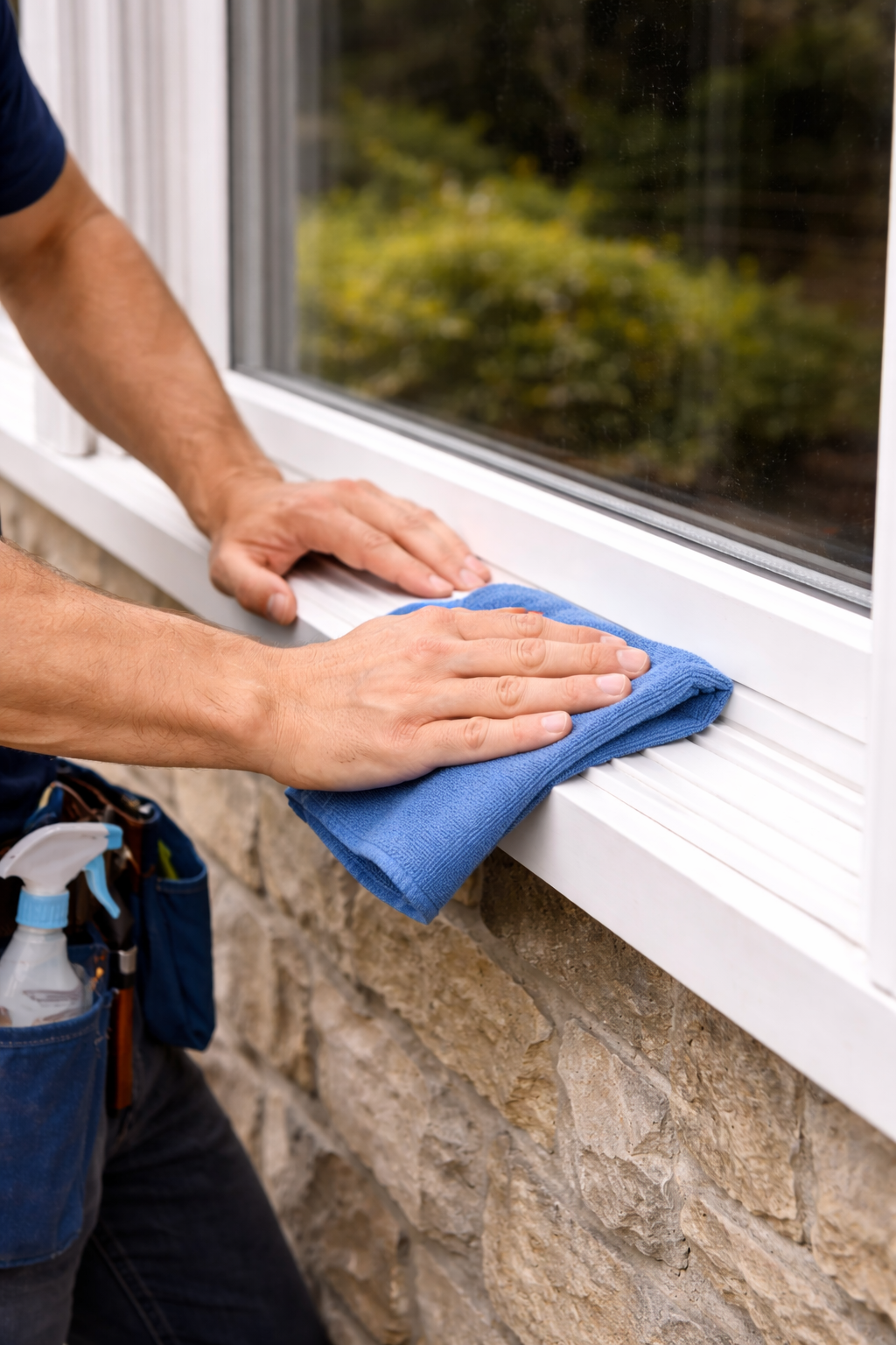 Person cleaning white exterior window frame with a blue microfiber cloth and a cleaning spray bottle in tool belt.