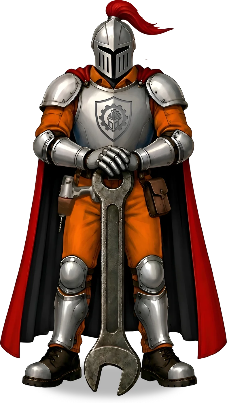 Knights of Repair knight mascot in armour holding a giant wrench