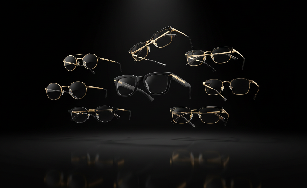 [background image] shelves filled with frames and sunglasses (for an optician store and optometry clinic)