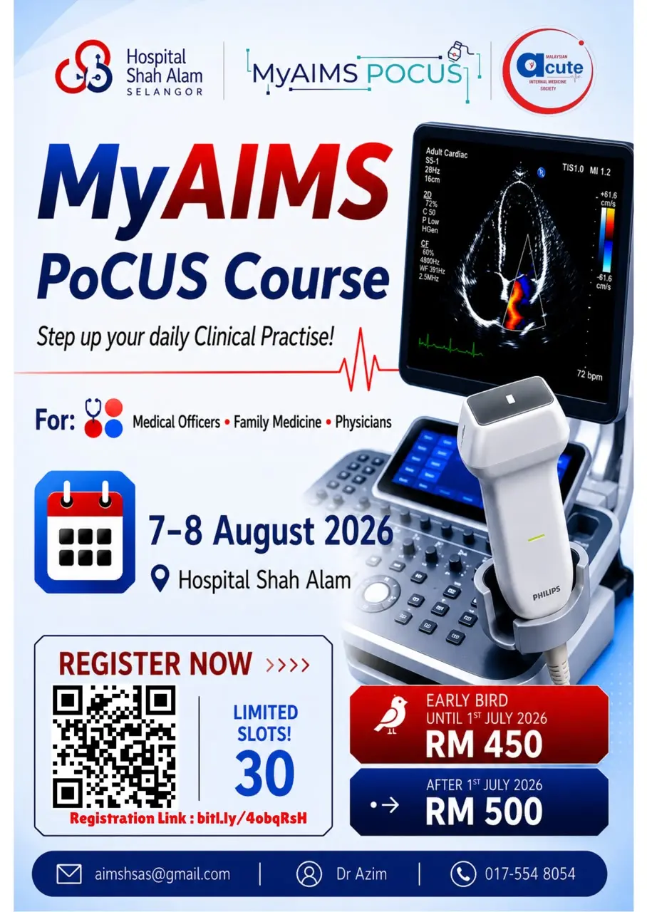 MyAIMS PoCUS Course at Hospital Shah Alam, 7-8 Aug 2026, for medical officers, family medicine, and physicians.