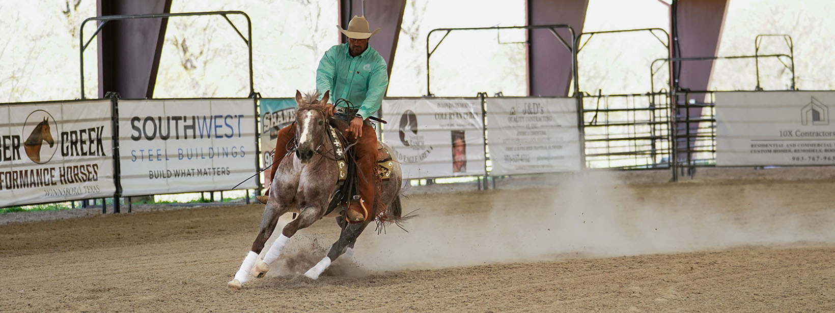 Performance horse and rider turning through arena dirt