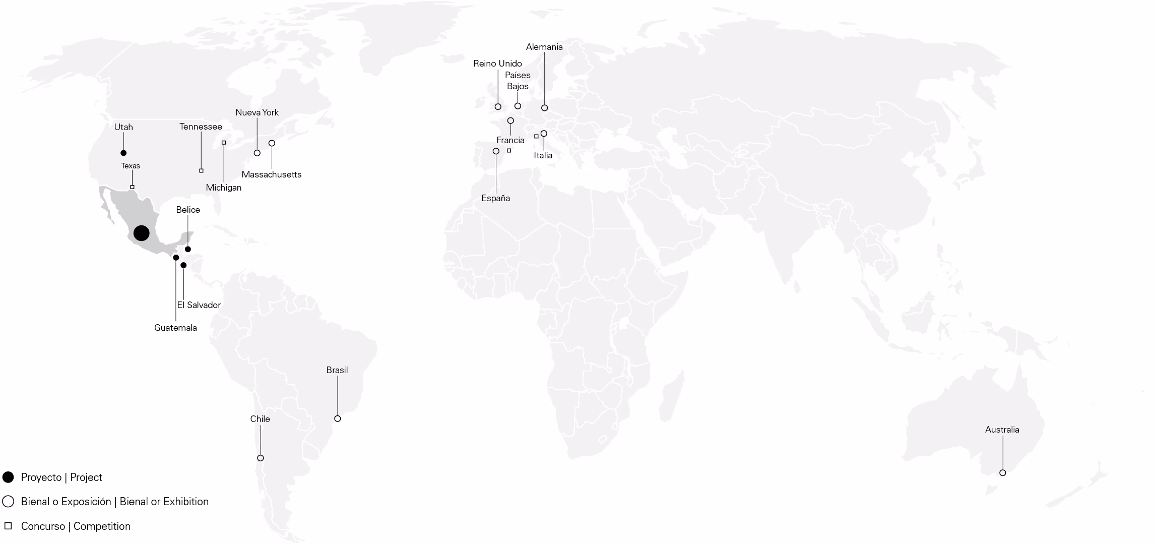 Mapa mundial de a|911: proyectos en México, Estados Unidos y Centroamérica; bienales, exposiciones y concursos en América, Europa y Australia