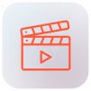Red movie clapperboard icon with play button on blue and purple rounded square background.