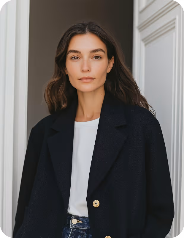 Portrait of a woman with long wavy brown hair, wearing a black coat over a white shirt, standing indoors.