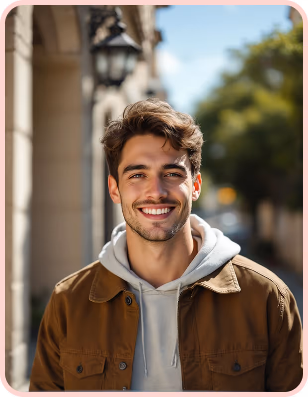 Smiling young man with brown hair wearing a brown jacket over a gray hoodie standing outdoors.