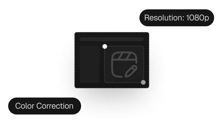 User interface element with a video editing icon and two labels: Resolution: 1080p and Color Correction.