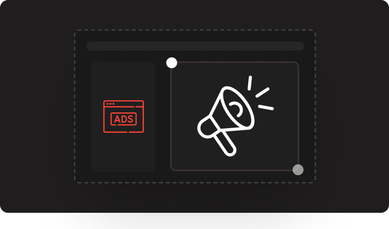 User interface with an advertisement icon on the left and an enlarged megaphone icon indicating promotion or announcement on the right.