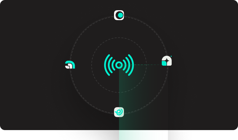 Central icon depicting wireless signal surrounded by four smaller connected app icons arranged in a circle on a dark background.