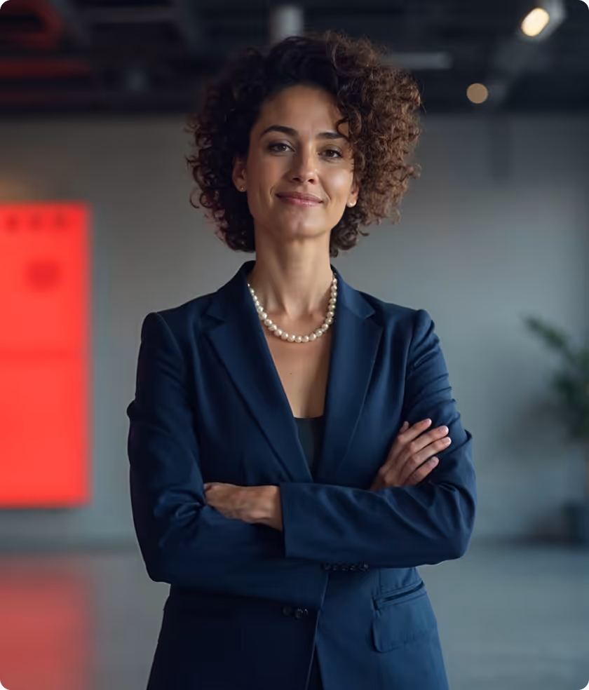 Confident woman with curly hair wearing a navy blazer and pearl necklace, standing with arms crossed.