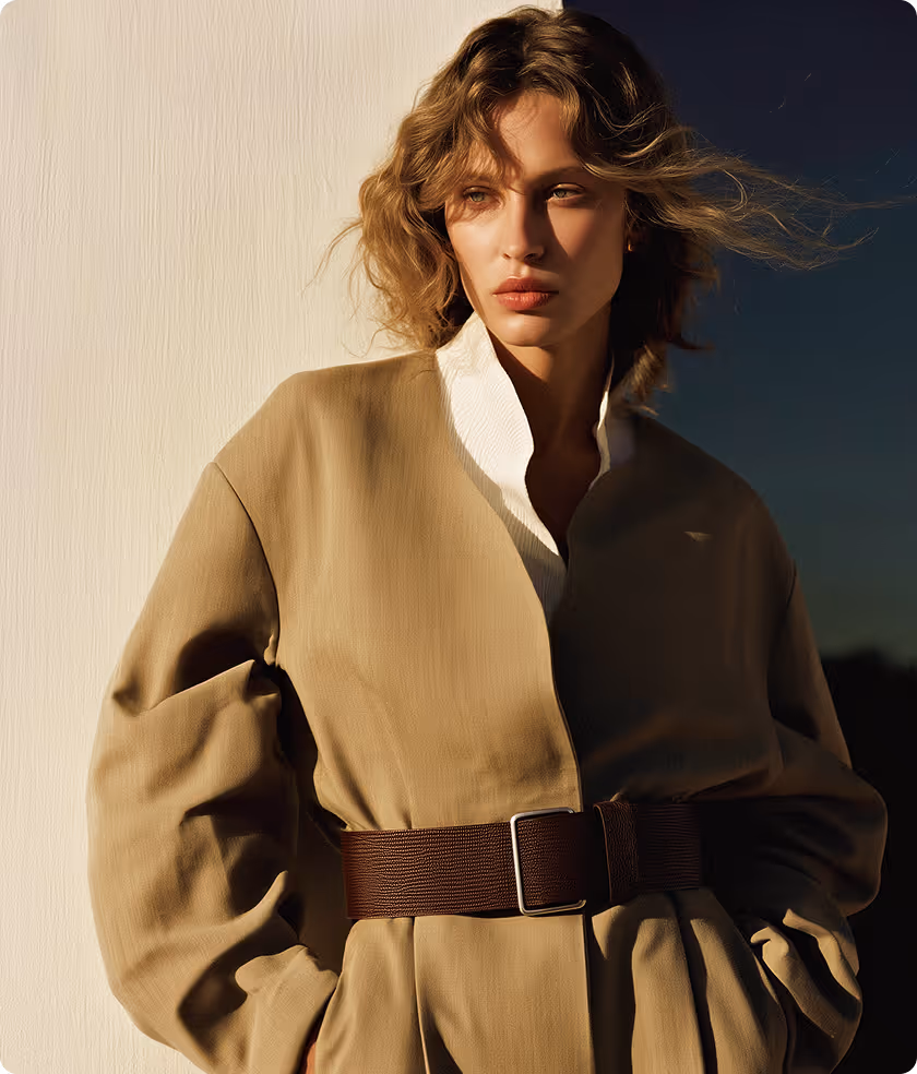 Woman with wavy light brown hair wearing a beige coat with a wide dark brown belt, standing against a light and dark contrasting background.