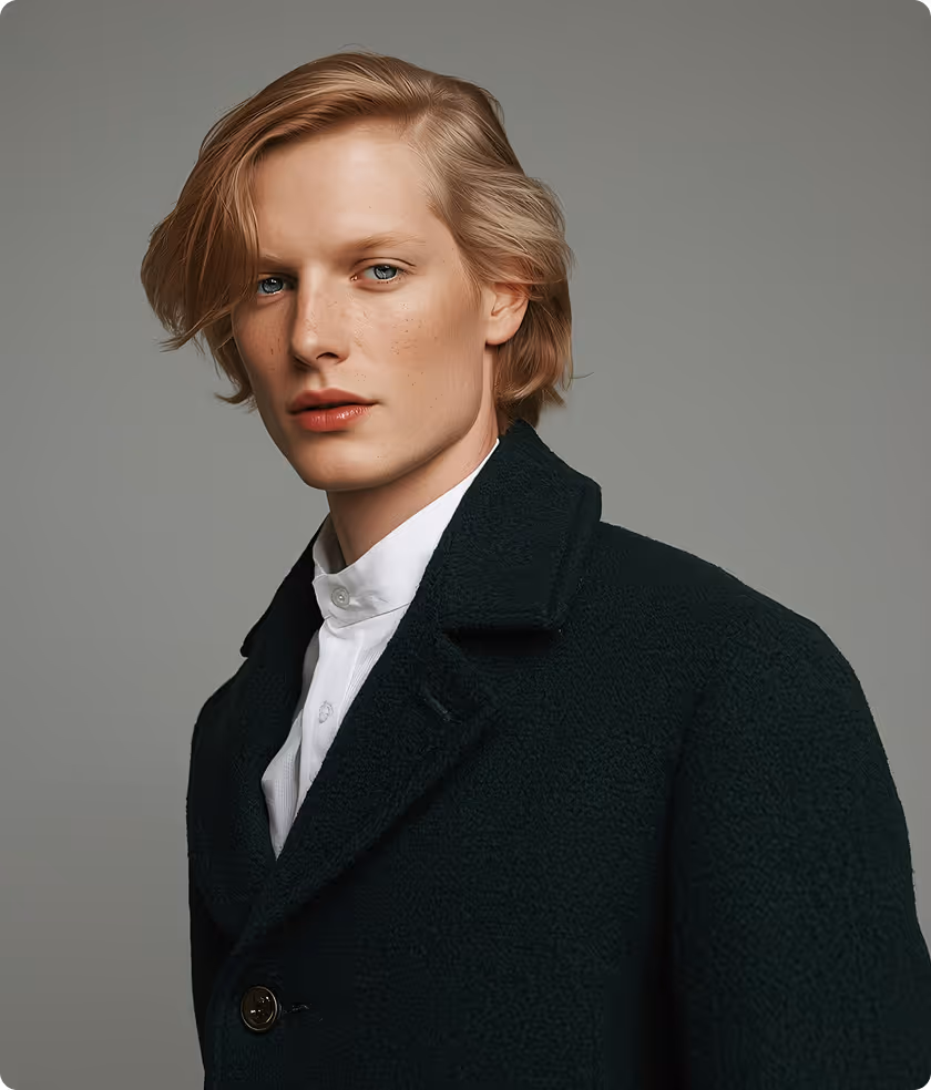 Portrait of a young person with blond hair wearing a dark coat and white shirt against a plain gray background.