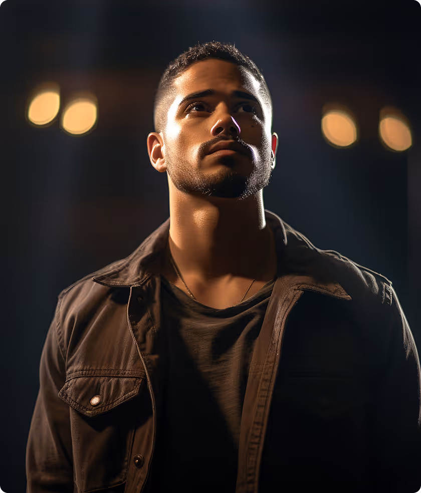 Portrait of a man with short hair and beard wearing a dark jacket, looking upward with dramatic lighting on his face.