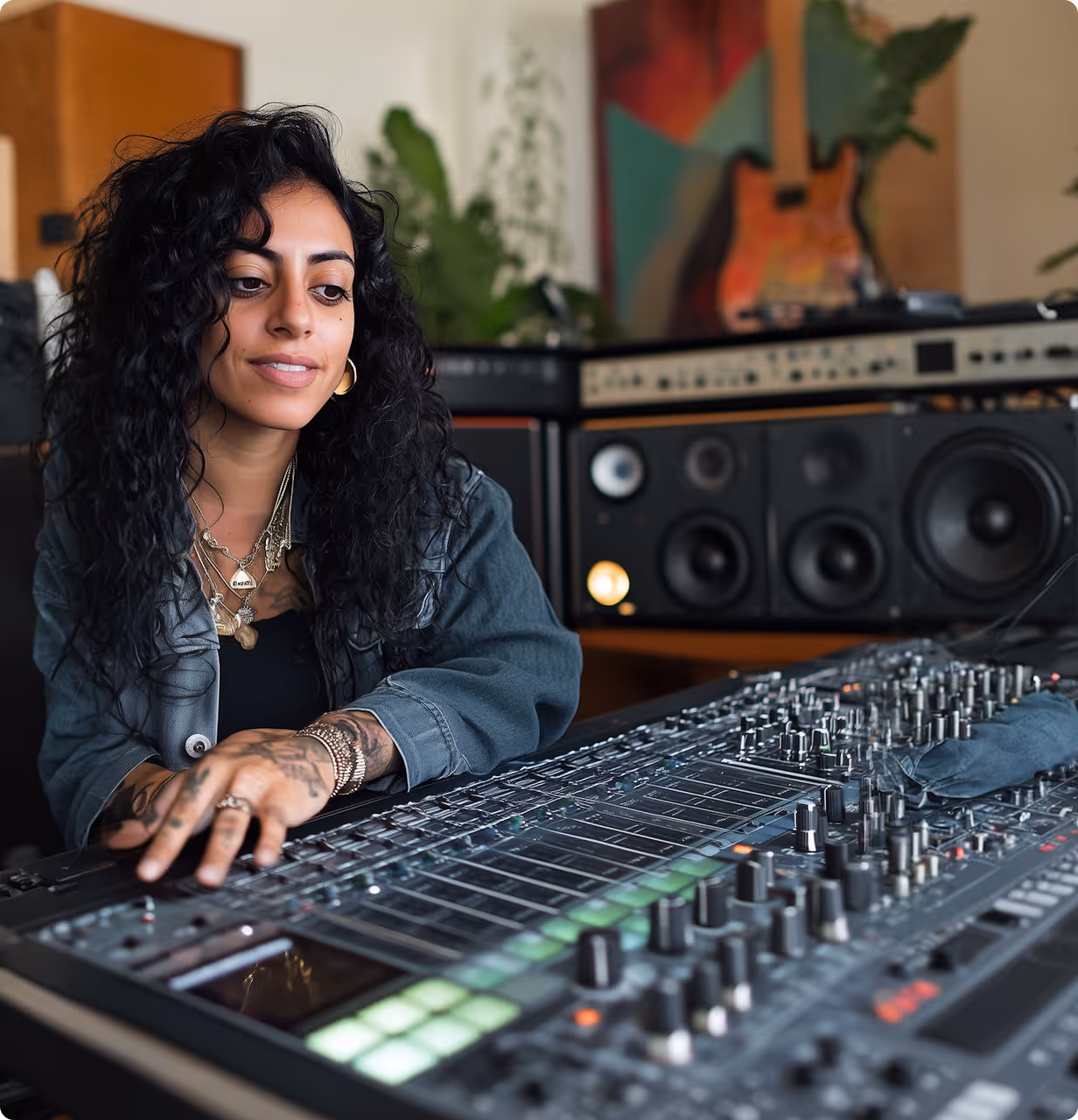 Woman with curly hair adjusting controls on a professional audio mixing console in a studio.