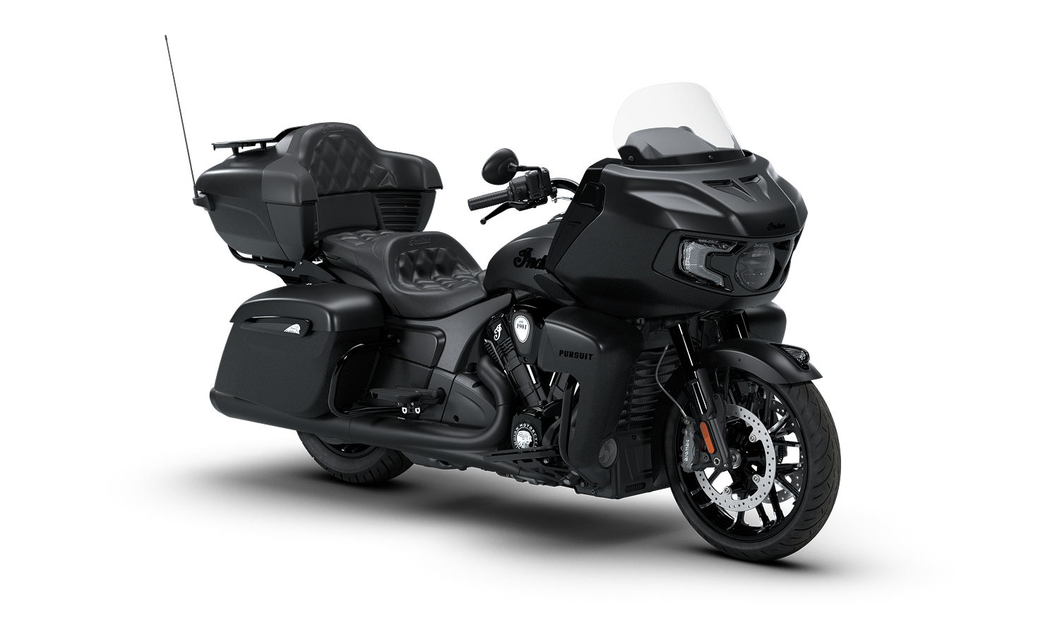 2026 Indian Pursuit Dark Horse motorcycle, Black Smoke, front three-quarter view