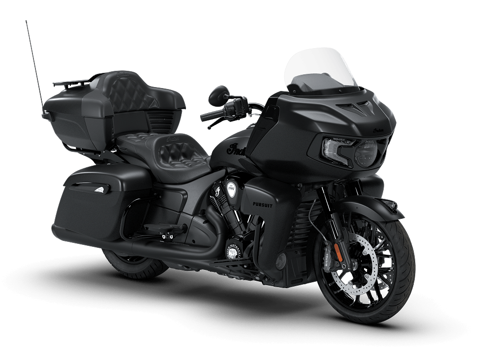 2026 Indian Pursuit Dark Horse motorcycle, Black Smoke, front three-quarter view