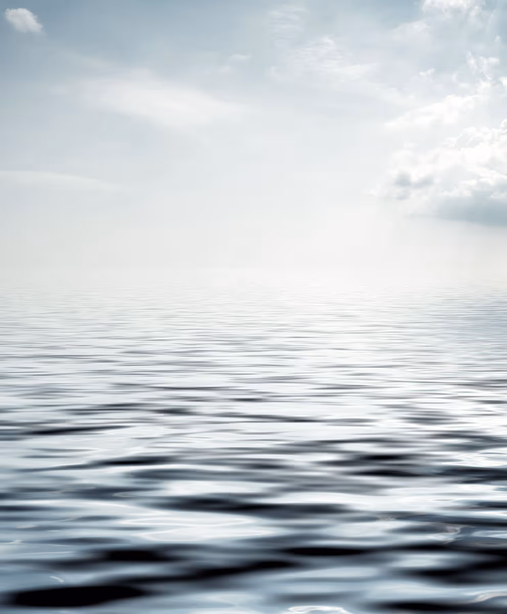 Calm water surface extending to a hazy horizon under a cloudy sky.