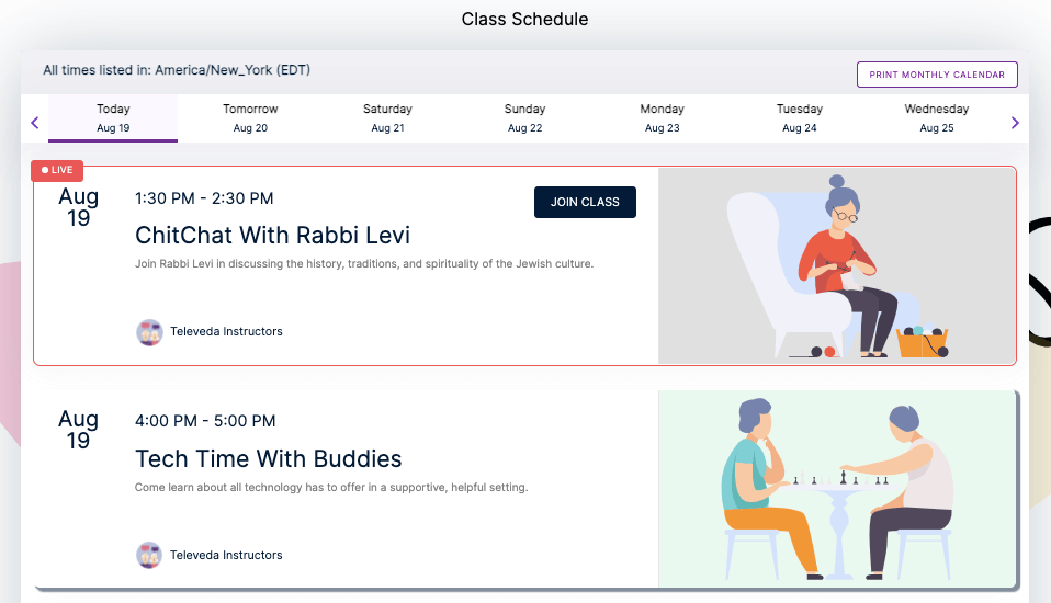televeda class schedule page