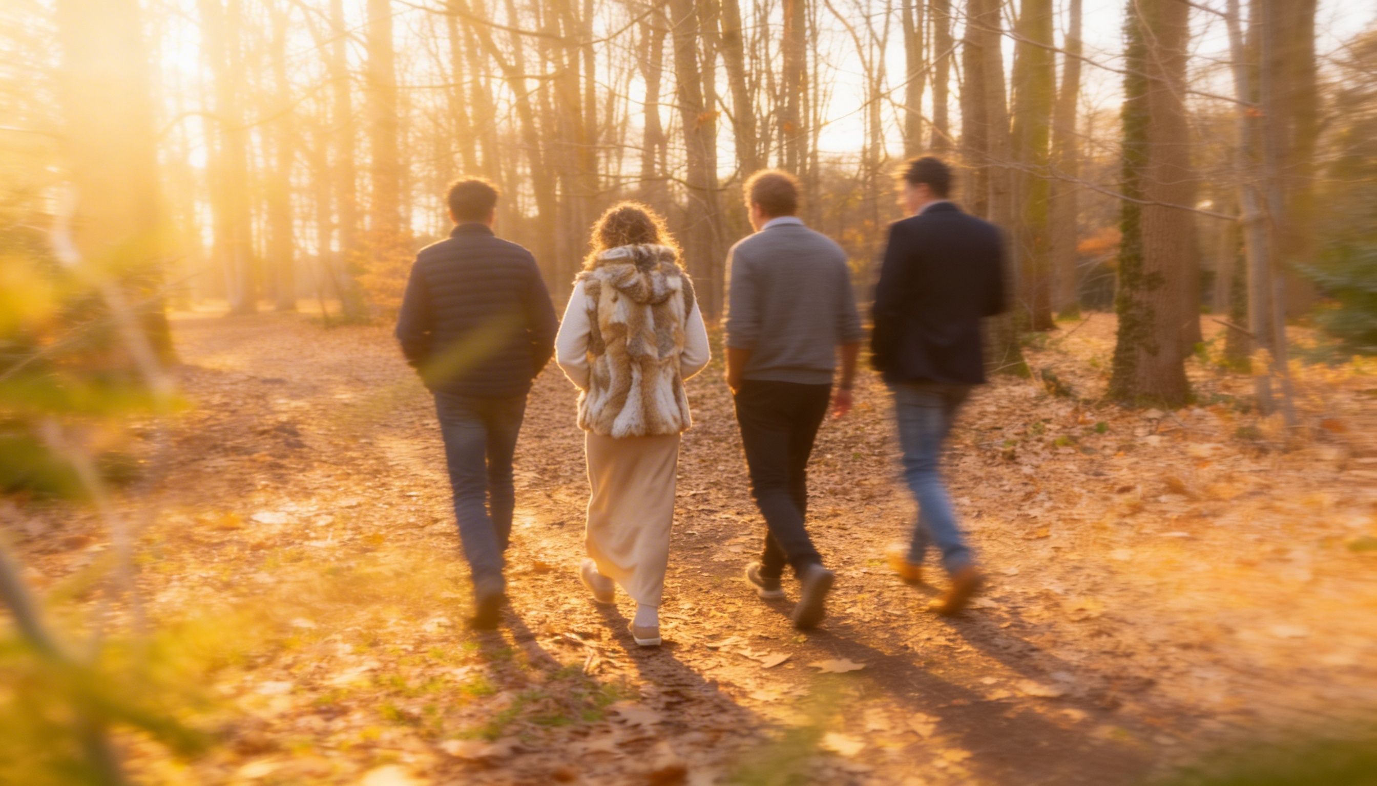 Vier mensen wandelen samen door een herfstbos
