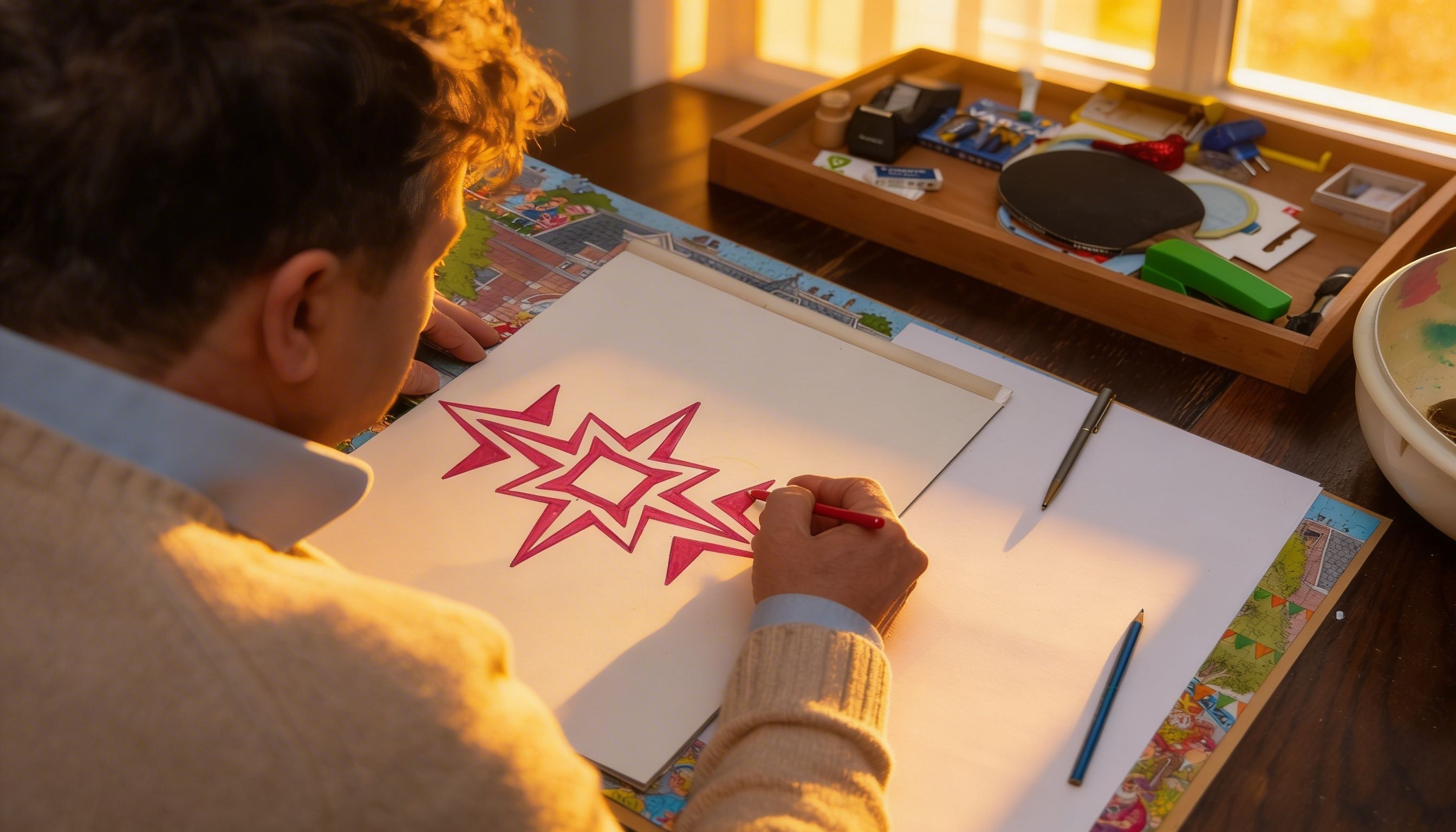 Iemand tekent een kleurrijke ster tijdens een creatieve activiteit