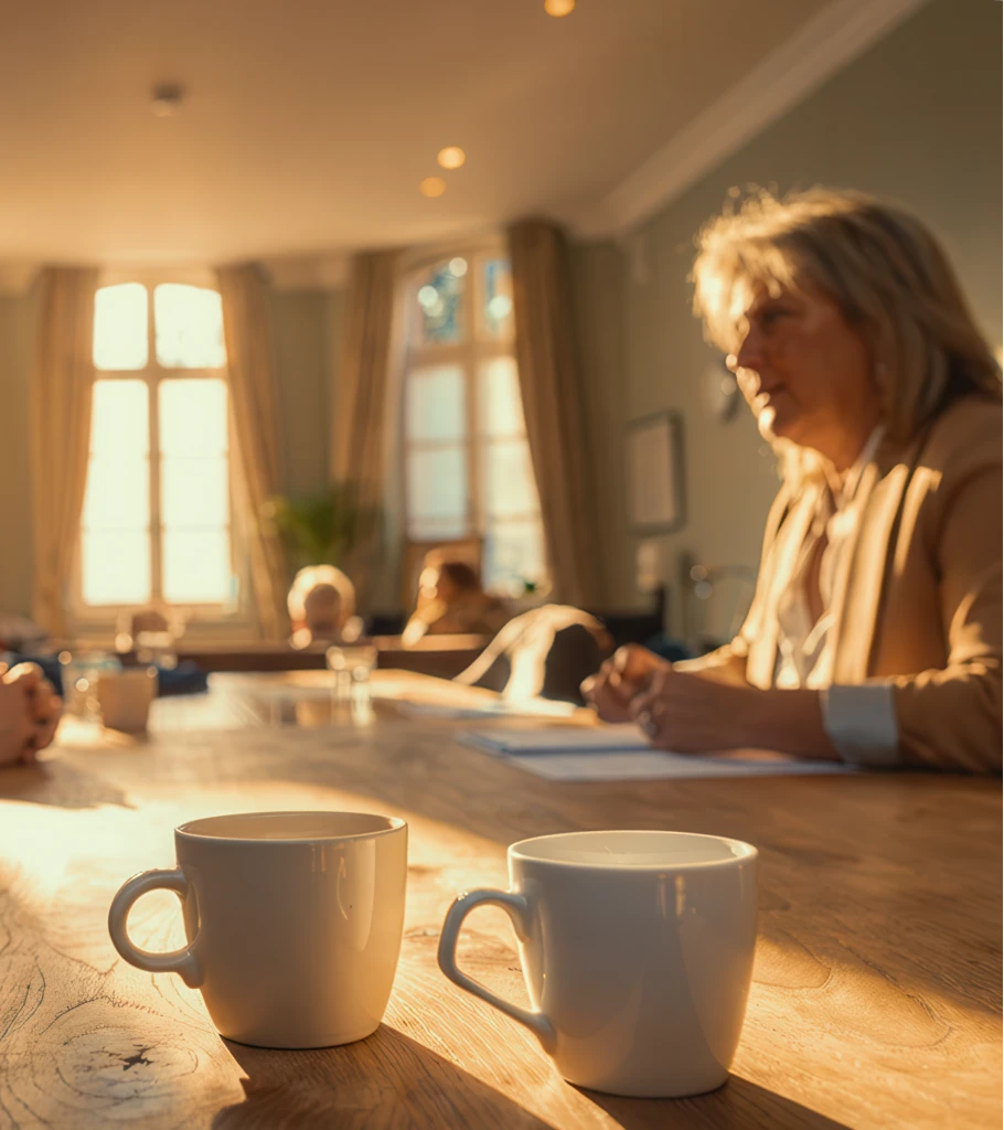 Cliënte in gesprek aan tafel, met koffie, in een lichte woonkamer