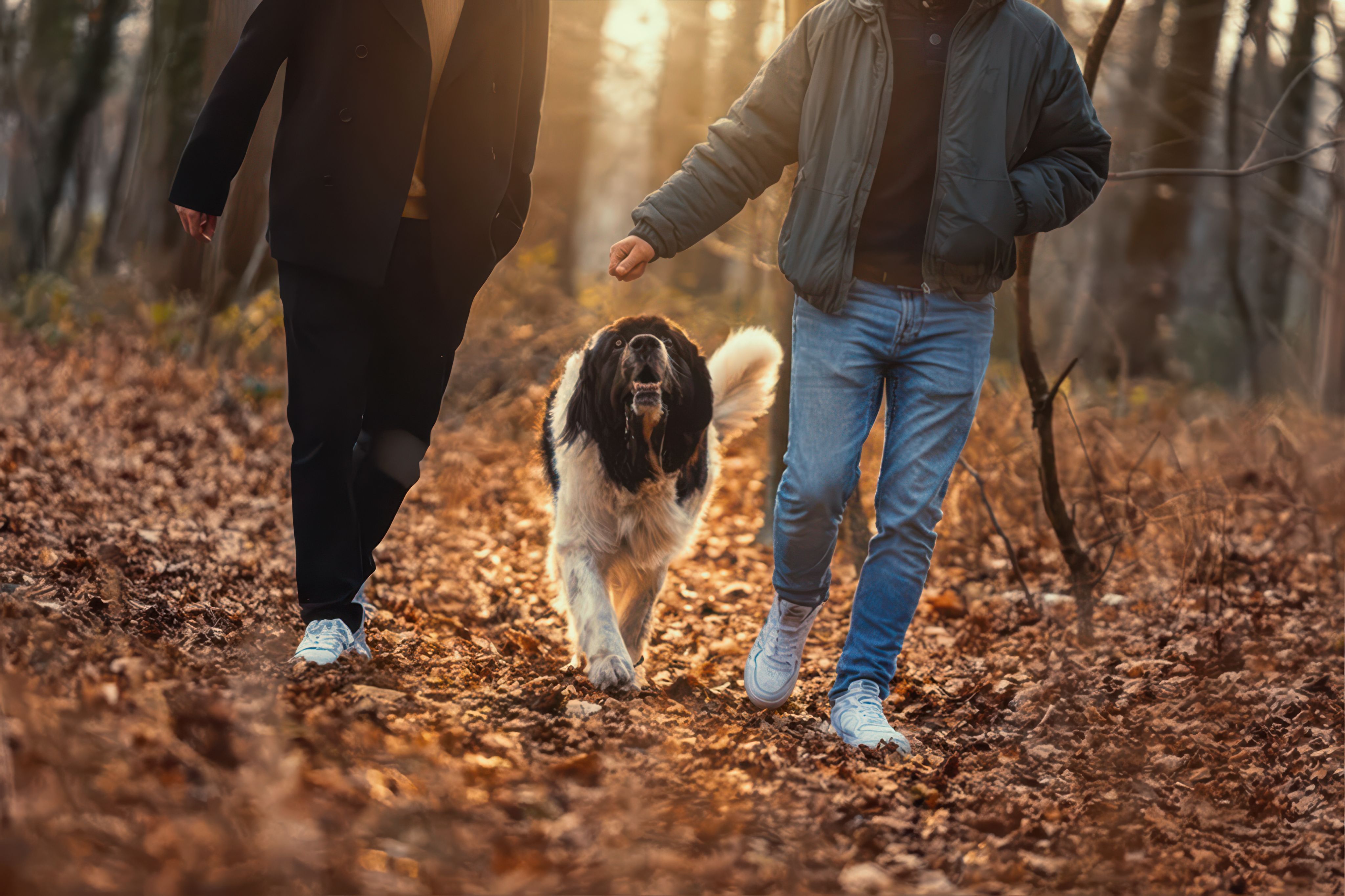 Twee mensen wandelen samen met een hond door een herfstbos