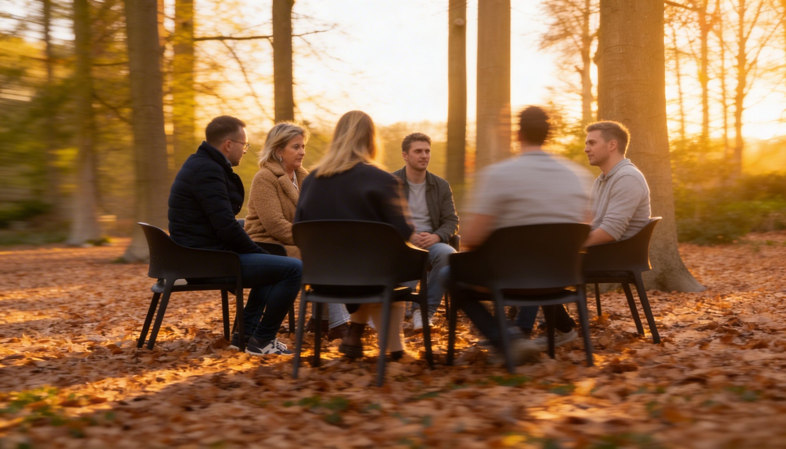 Een groep van zes mensen zit in een kring buiten in het bos
