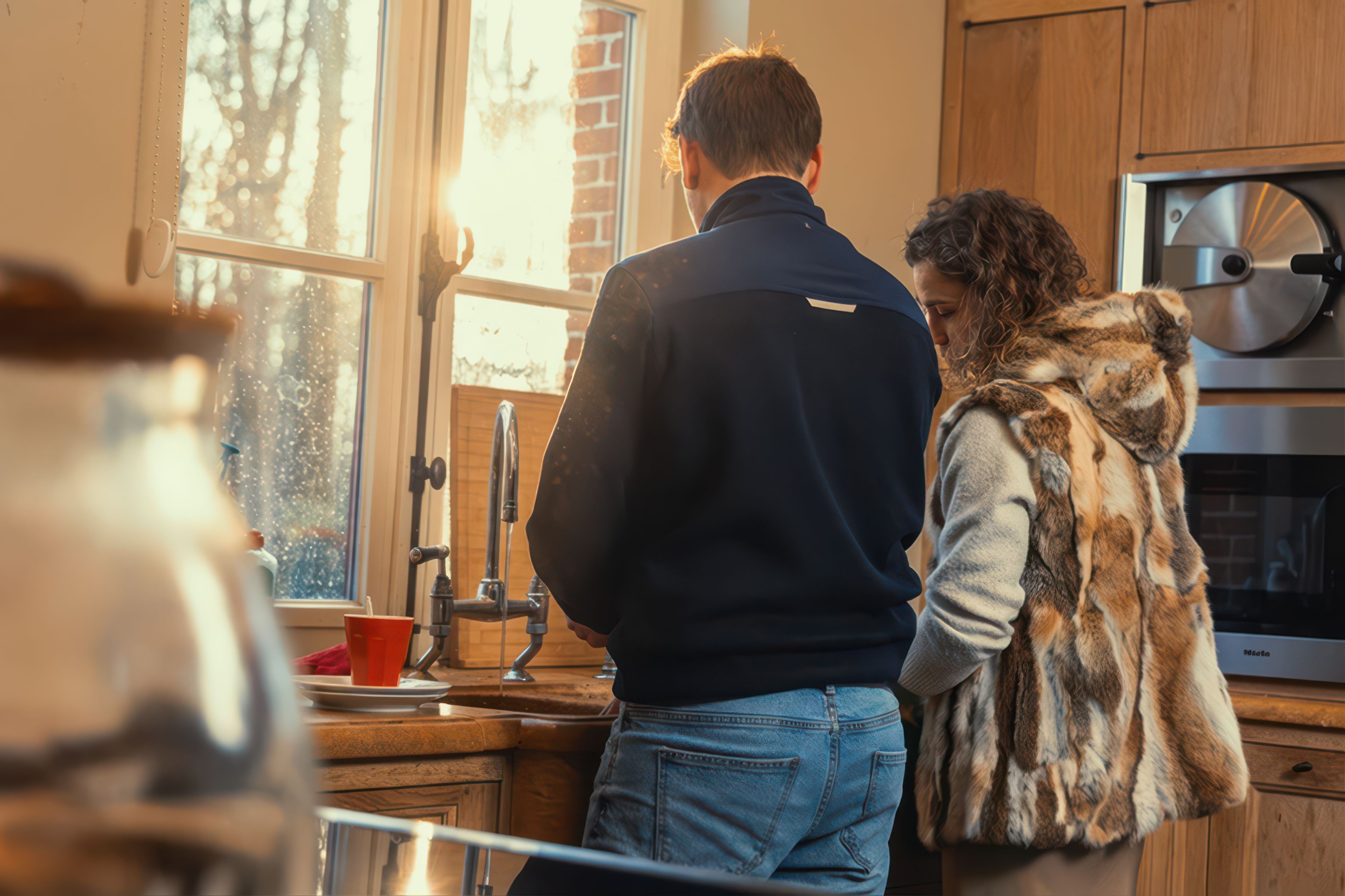 Twee mensen staan samen bij het keukenraam