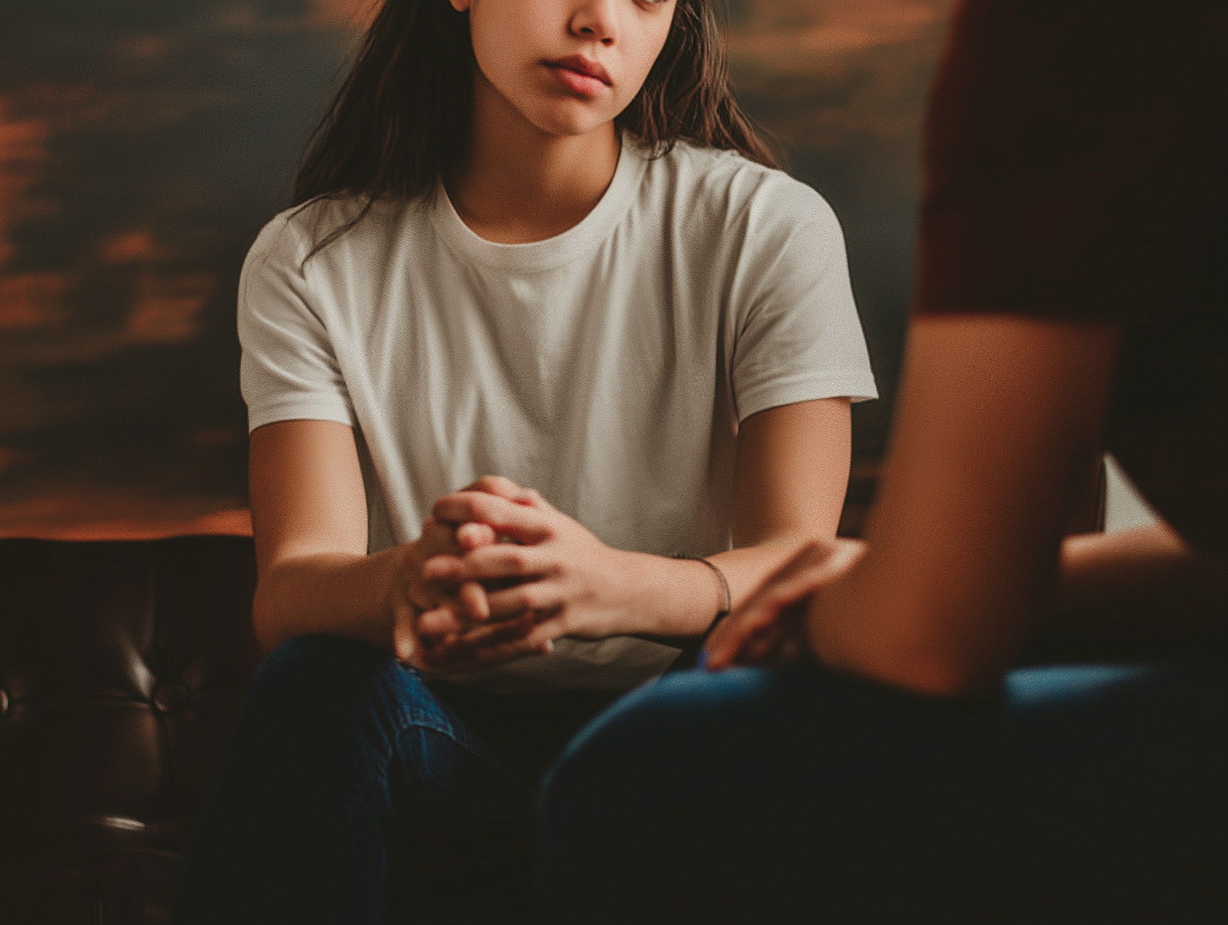 Een jonge vrouw met gevouwen handen tijdens een gesprek