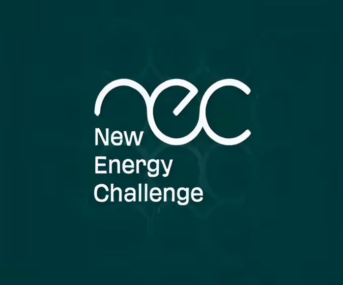 Logo for New Energy Challenge with stylized letters 'nec' on dark green background.