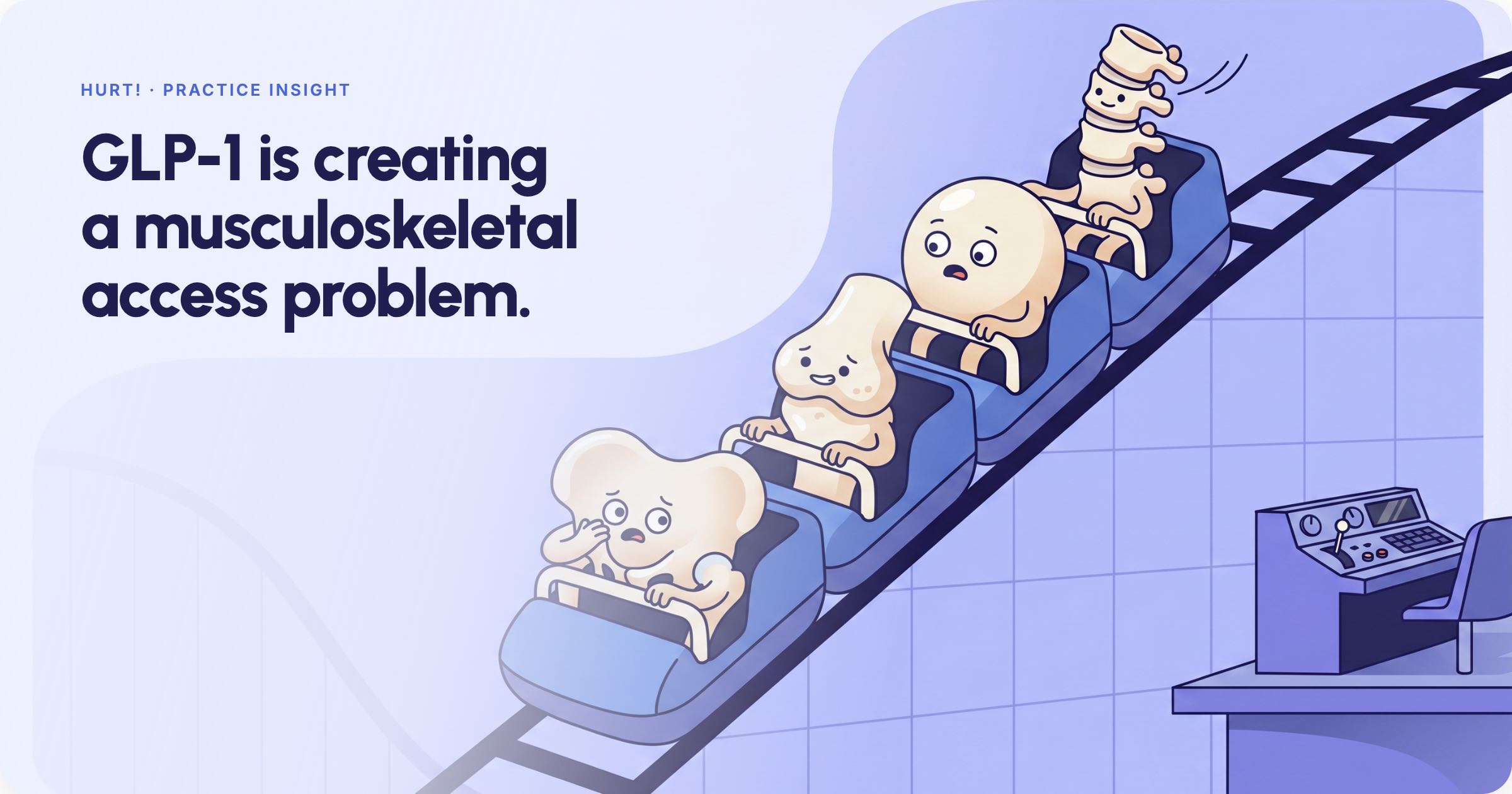 Illustration of a roller coaster descending a steep graph line, with human joints riding as passengers and an empty operator's console beside the track.