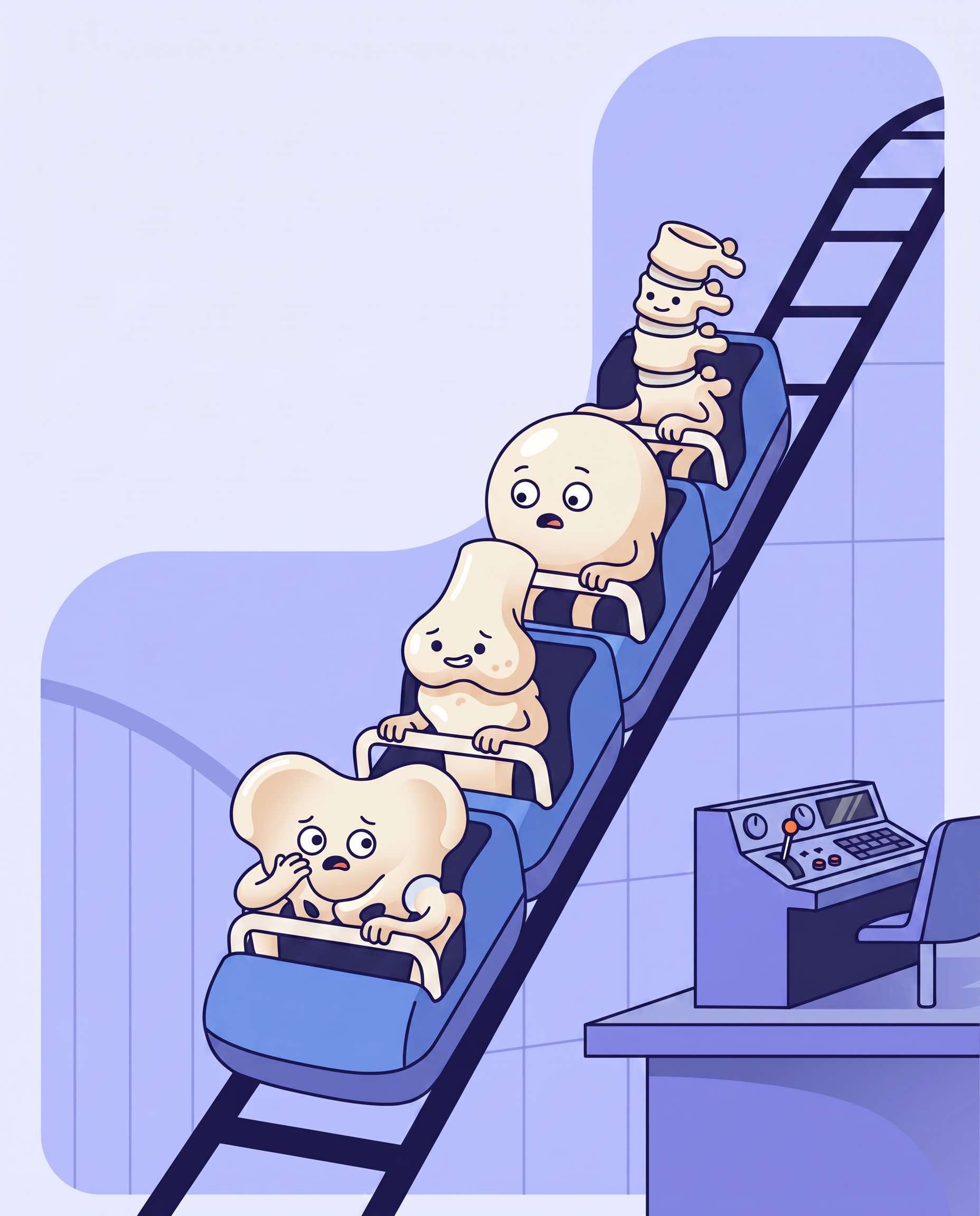 Illustration of a roller coaster descending a steep graph line, with human joints riding as passengers and an empty operator's console beside the track.