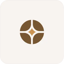 A brown and white logo with a circular design.